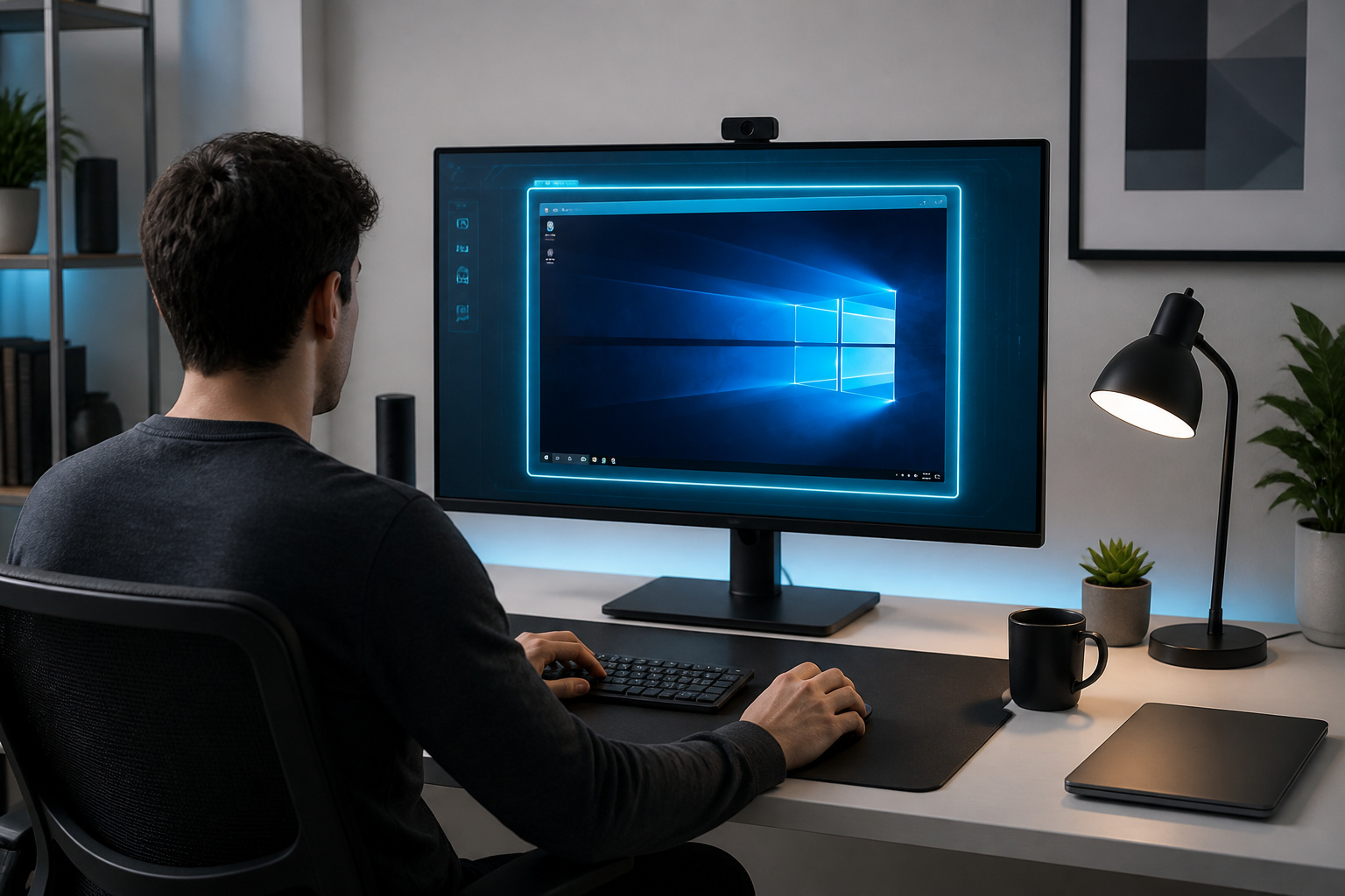 Bureau moderne avec ecran windows virtualise