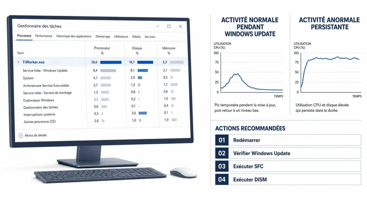 Windows Modules Installer Worker : schéma visuel pour distinguer une activité normale d’un blocage CPU ou disque